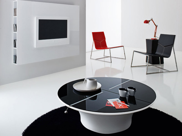 moderne futuristische möbelstücke fernseher kaffeetisch kontrast