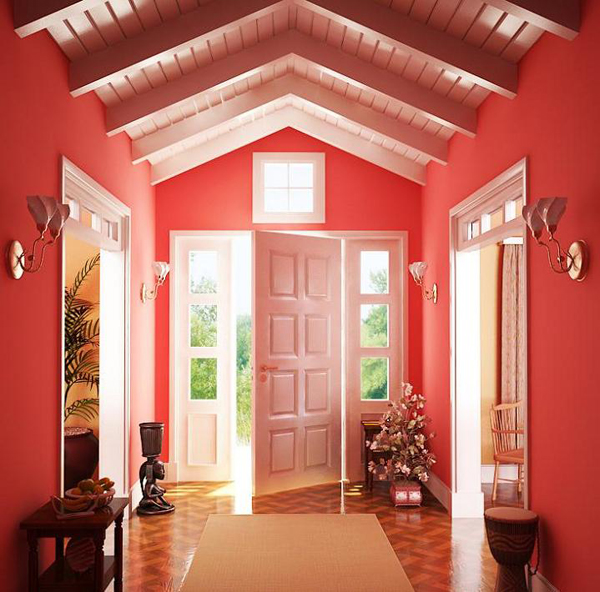 moderne rote einrichtung flur wände weiß kontrast