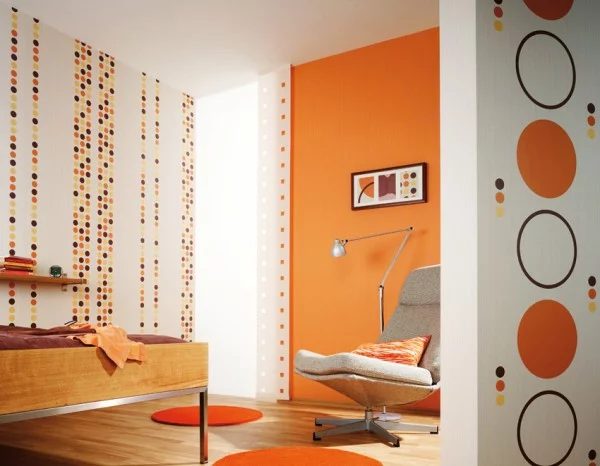 orange interior design ideen sessel tapete punkte