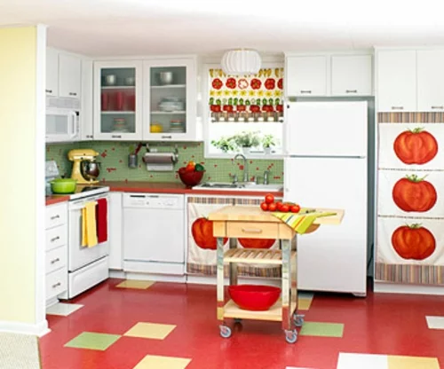 retro-küchen rot bodenbelag küchenspiegel garten stil