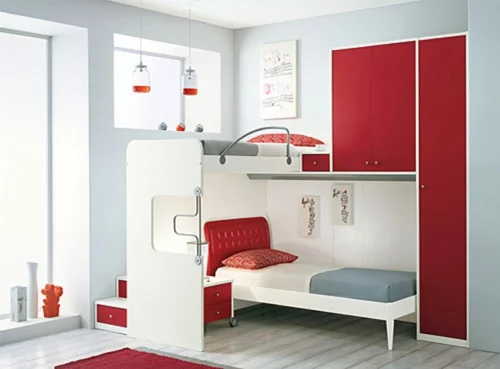schlafzimmer etagenbett rot akzente schubladen platzsparend