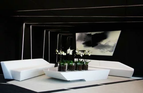 schwarz weiß einrichtung rot office elegant sofa tisch blumen