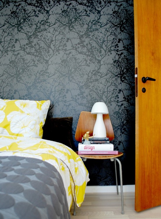 schwarz weiß tapeten floral art deko schlafzimmer