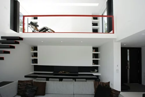 schickes interior design treppen minimalistisch rot akzente