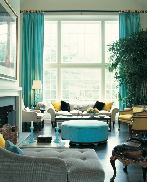 türkisfarbene interieur designs gardinen wohnbereich