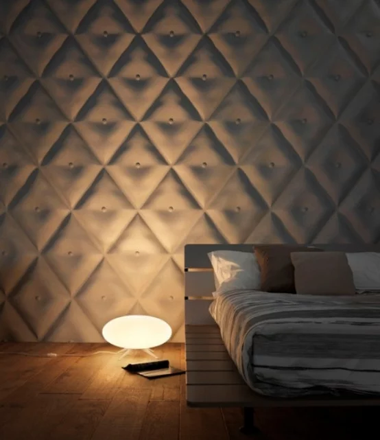 wandbelag 3D geometrische formen schlafzimmer licht stehlampe holz