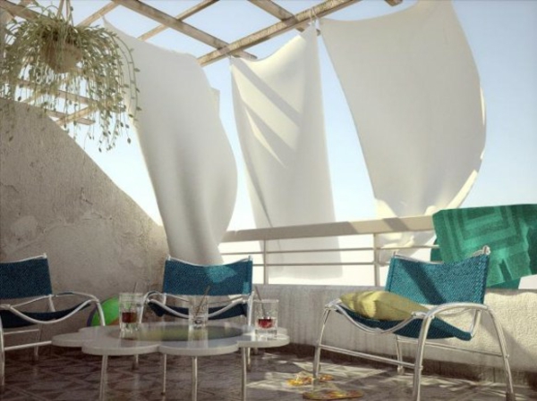 attraktiven balkon gestalten design blumen gardinen