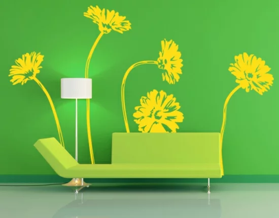 frühlingsdeko ideen sofa grün wand tapete blumen gelb