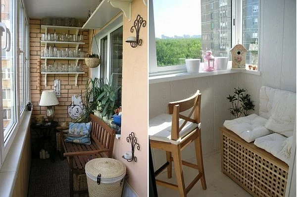kleiner Balkon Ideen Sitzbank aus Holz Regal Gläser Stehlampe Sitzbank mit weißen Kissen 