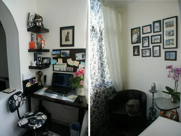 kleiner Balkon winzig kompakter Arbeitsplatz schwarze Möbel Schreibtisch Wandregal Bilderwand Kontrast im Schwarz-Weiß