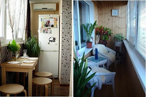 Sitzecke auf dem kleinen Balkon Hocker grüne Topfpflanzen Kühlschrank gemütliche Atmosphäre 