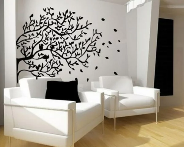 wand farbe streichen idee wohnzimmer muster schwarz weiß