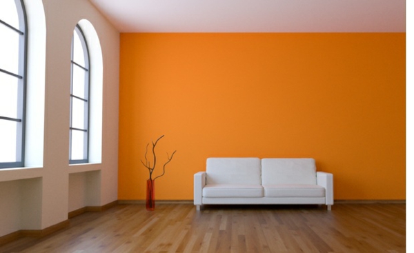 wand farbe streichen idee wohnzimmer orange gelb weiß