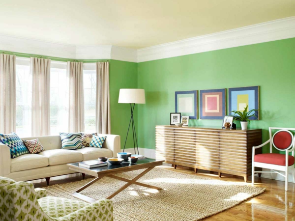 wände streichen ideen wohnzimmer grün hell gardinen beige