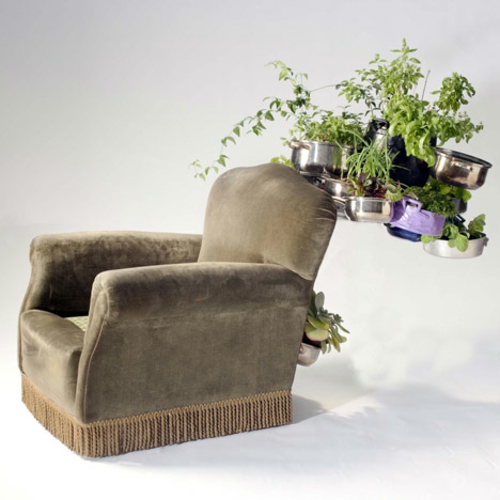 Recycelte Möbel als Pflanzen Behälter verwendet samt sessel