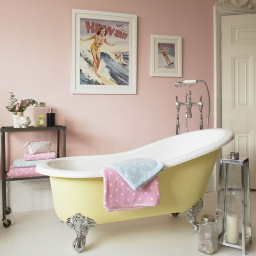 badezimmer design möbel weiblich badewanne pastellfarben gelb