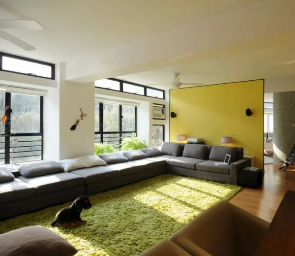 coole farben für wohnzimmer sofa eckig grün teppich