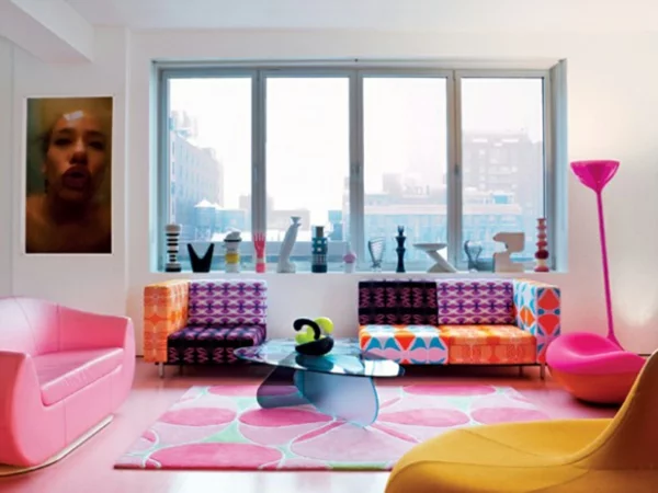 coole farben für wohnzimmer sofa rosa bunt art