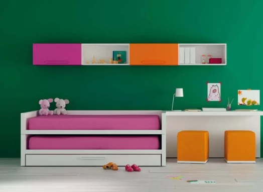 designer möbel bm2000 kinderzimmer etagenbett rosa wand regale