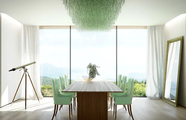 farbiges interior design mintgrün kronleuchter stühle