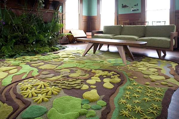 farbiges interior design olivgrün 3d teppich wald gefühl