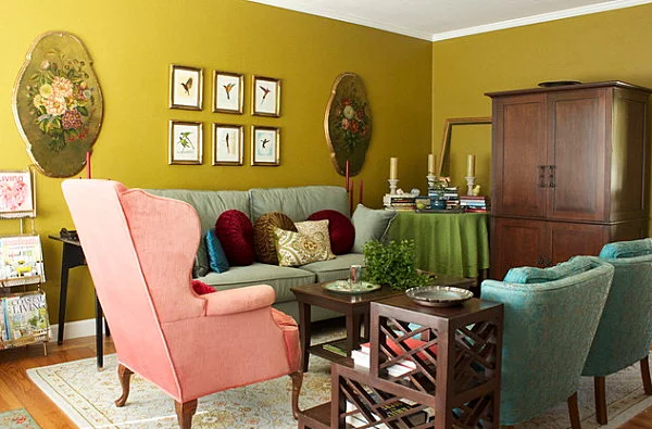 farbiges interior design olivgrün wandfarbe vintage stil
