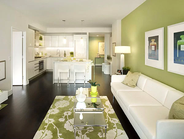 farbiges interior design olivgrün weiß akzente
