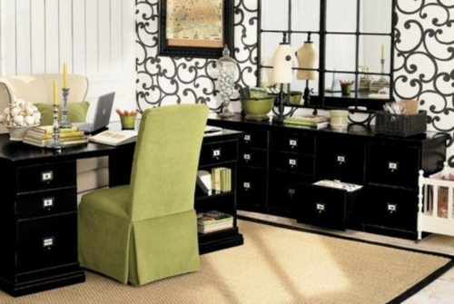 feine home office ideen elegant grün stuhldecke schwarz schublade
