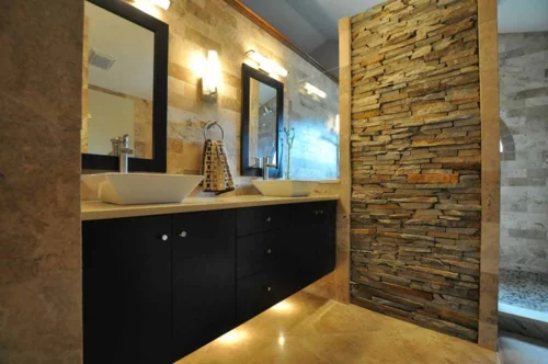 cooles badezimmer design stein rau wand
