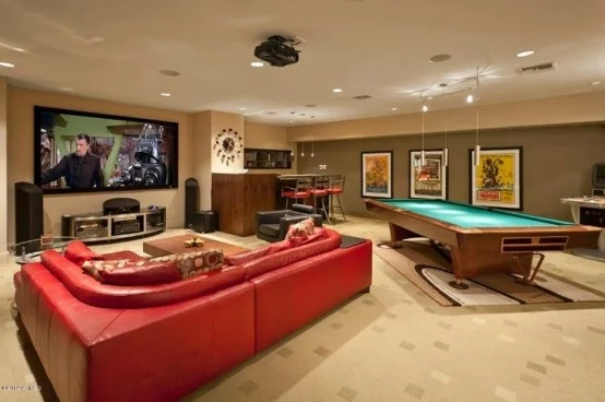 interior home design ideen spielraum einrichten billardtisch sofa rot