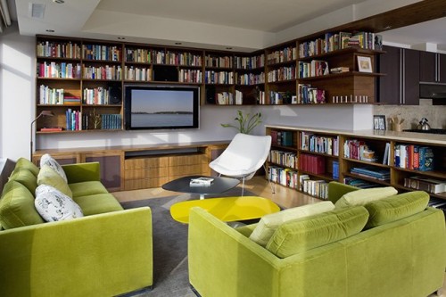 moderne haus bibliothek designs grün gepolstert sofa wandregale