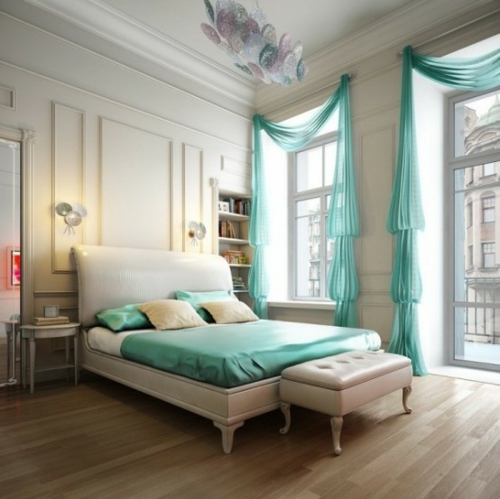 türkis gardienen matratze bettdecke schlafzimmer design