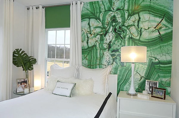 Wand Farben im Schlafzimmer grün weiß kombiniert bett