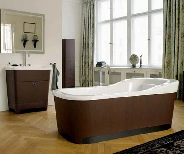 badezimmer interior design ideen badewanne holz oberfläche beckenschrank