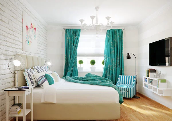 blaue farbpalette im lebhaften interior design gardinen schlafzimmer