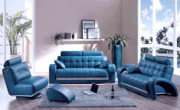 blaue leder möblierung idee design wohnzimmer modern urbanes ambiente