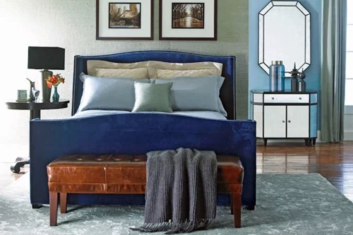 dunkelblaue schlafzimmer möbel bettrahmen holz lackiert