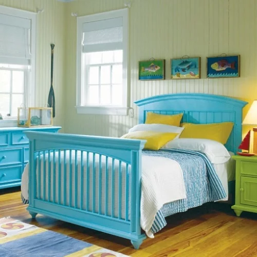 schlafzimmer möbel doppelbett kopfteil holz meerblau