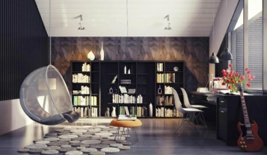 coole moderne interior designs wandregale bücher hängestuhl