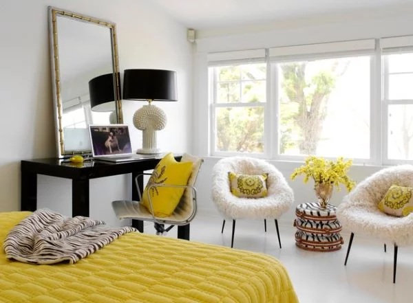 coole schlafzimmer farbpalette gelb weiß schwarz