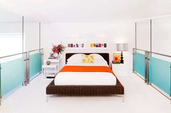 schöne schlafzimmer farbpalette orange blau akzente