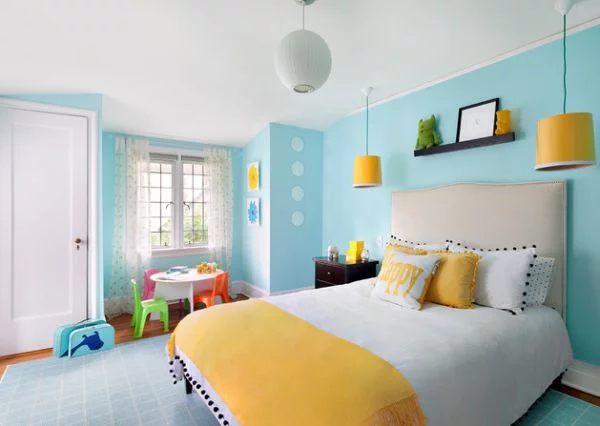 coole schlafzimmer farbpalette schick kombination blau gelb