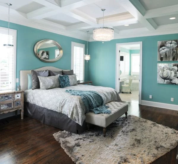 coole schlafzimmer farbpalette türkis wand spiegel wasser 