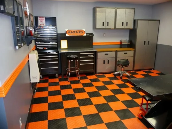 die auto garage anordnen einrichtung tipps schrank schwarz orange