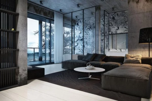 dynamische moderne interior designs dramatisches beton wand wohnzimmer
