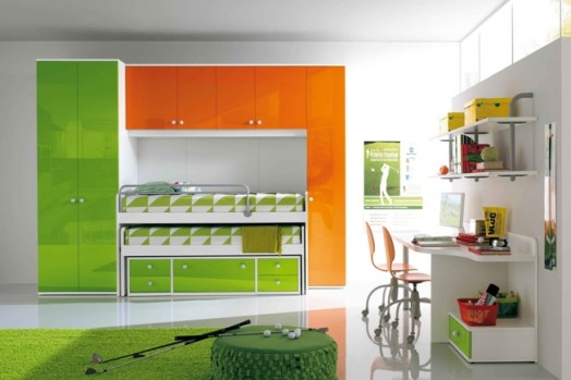 ergonomische kinderzimmer designs modern grelle grüne orange nuancen