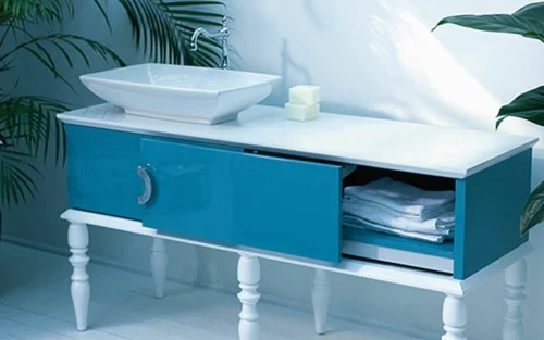 weibliche blaue badezimmer möbel idee design kommode tischbeine