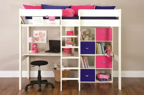 Kinder Hochbett mit Schreibtisch kombiniert schubladen pink lila blau