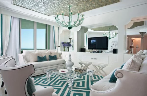 interior design im hollywood stil türkis wohnzimmer