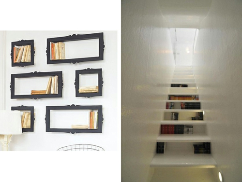 kreative bücher aufbewahrung idee hängen rahmen korridor treppe